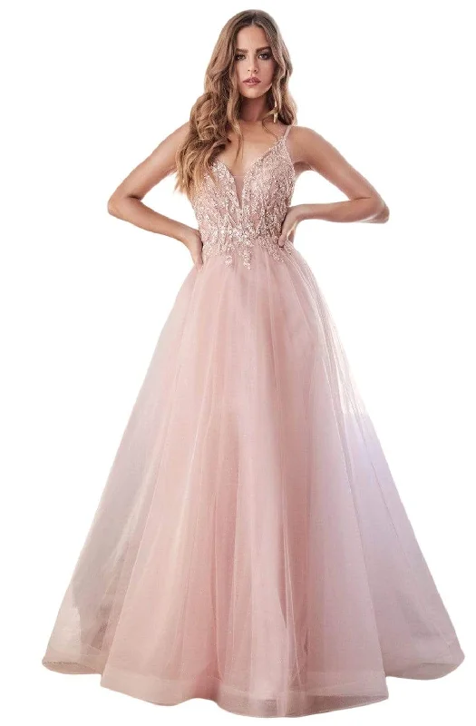 Cinderella Divine - CD0154 Plunging Beaded Appliqued Tulle Dress