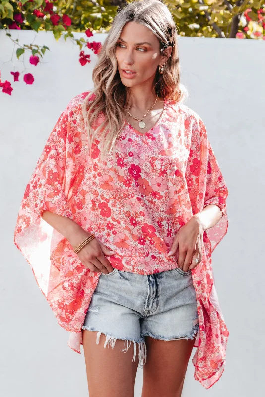 Pink Boho Floral V Neck Kimono Style Blouse