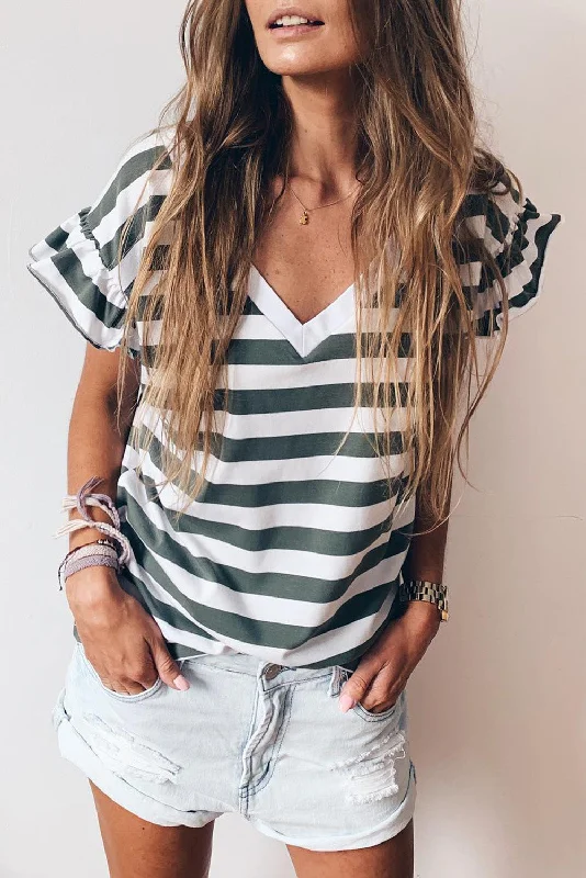 Striped V Neck Ruffle Sleeve Top